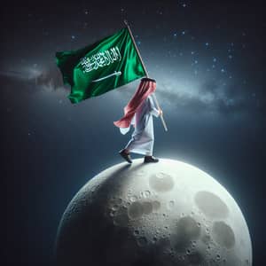 Young Middle Eastern Child Waving Saudi Arabian Flag on Moon