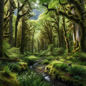 Serene Forest Landscape: Moss-Covered Trees, Wildflowers, and Wildlife