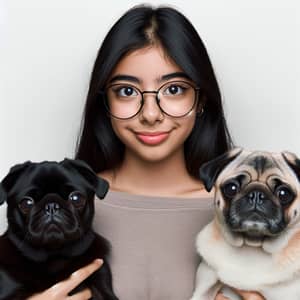 Hispanic Girl with Black Hair and Pugs