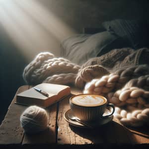 Tranquil Latte Scene on Rustic Wooden Table