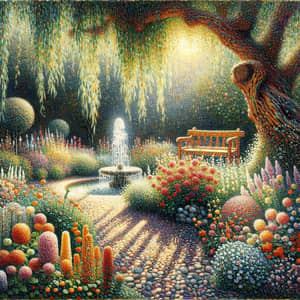 Sunlit Garden Pointillist Oil Painting