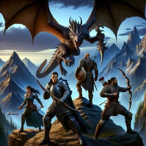 Majestic Dragon and Four Warriors at Rugged Mountain Peak