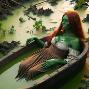 Blissful Green-Skinned Female Ogre in Swamp Tub