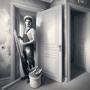 Vintage Russian Builder Installing Interior Door in Modern Apartment