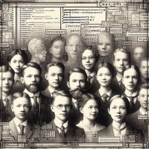 Vintage Black and White Digital Painting of Diverse Website Developers