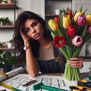 Stylish Interior Designer with Tulip Bouquet | Professional Ambiance