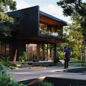 Modern House with Wooden Terrace - Craftsman at Work