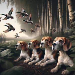 Beagle Dogs Hunting Ducks at Forest Edge