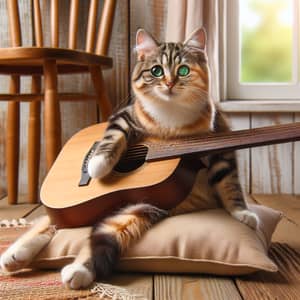 Playful Cat Strumming Guitar on Cozy Cushion