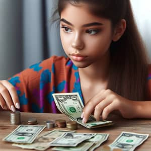 Hispanic Teenage Girl Counting Money at Wooden Table