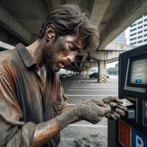 Exhausted South Asian Male Pays for Parking Effortfully