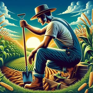 Experienced Farmer Working in Lush Fields | Farm Life Illustration