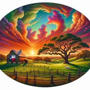 Colorful Sunset Over Serene Farm Landscape