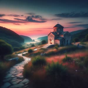 Tranquil Evening Landscape with Old Stone-Built Religious Structure