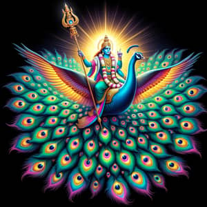 Lord Murugan on Peacock with Gleaming Vel - Divine Image