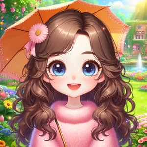 Cute Girl with Long Curly Brown Hair and Blue Eyes | Park Scene