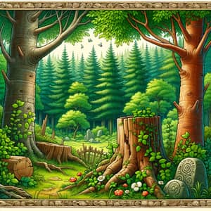 Whimsical Forest Scene with Lush Greenery and Nostalgic Elements