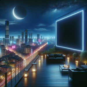 Nocturnal Balcony Scene Overlooking Modern City with Giant Black Screen
