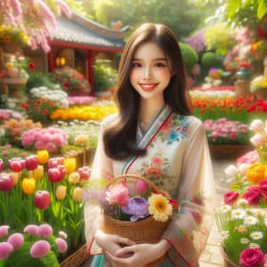 Summer Garden Fantasy: East Asian Girl Among Colorful Flowers