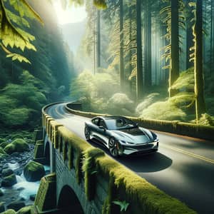 Sleek Car Driving Over Forest Stone Bridge