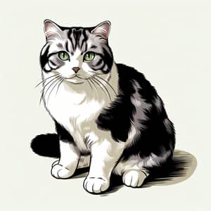 Black and White Mottled Domestic Cat Illustration