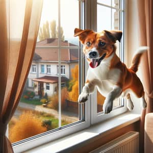 Playful Dog Leaping Out of Window