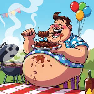 Funny Fat Cartoon Enjoying BBQ Delights
