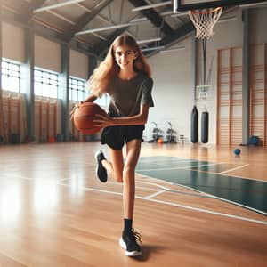 Cheerful Caucasian Teenage Girl Playing Basketball