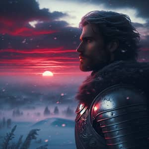 Lone Steel-Clad Warrior in a Dazzling Sunset