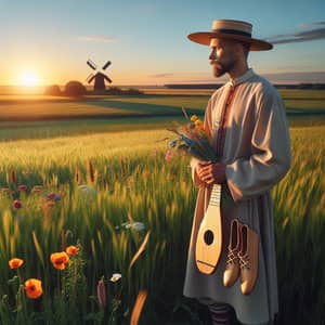 Traditional Lithuanian Man with Kanklės in Lush Field