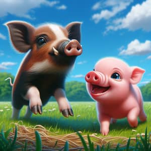 Joyful Play: Pink Piglet and Wild Boar Piglet Fun