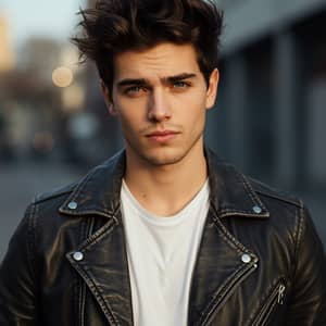 Stylish Young Man in White Shirt and Leather Jacket