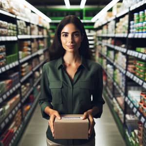 Confident Hispanic Sales Worker in Green Uniform