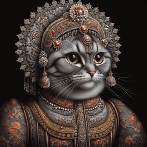 Royal Grey Tabby Cat in Russian Kokoshnik Attire