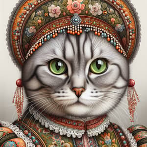 Portrait of a Female Grey Tabby Cat in Kokoshnik Hat