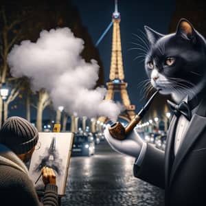 Tuxedo Cat in Paris: Elegantly Puffing a Pipe | Enchanting Scene