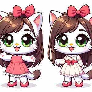 Cute Anthropomorphic White Cat with Long Brown Hair