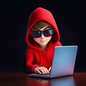 3D Pixar-Style Young Hacker in Red Hoodie