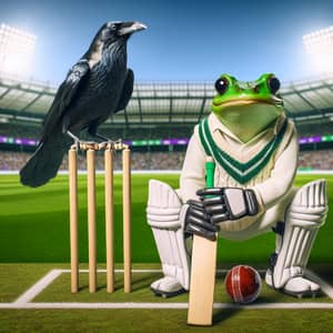 Unusual Cricket Match with Frog Wicketkeeper and Crow Batsman