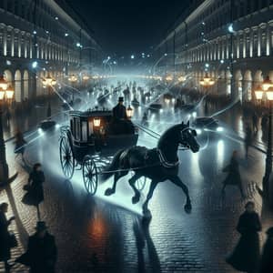 Elegant Black Horse Carriage Ride in Night City