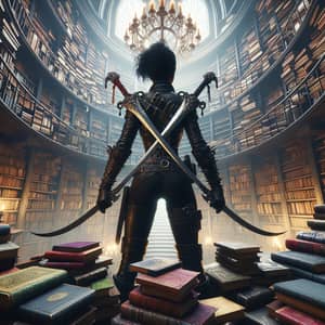 Black Female Warrior in Library | Fantasy Swords Books