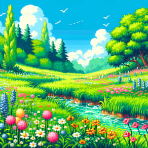 Vibrant Game-Styled Meadow in 16-Bit Graphics