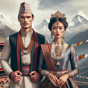 Traditional Nepali Couple in Dhaka Topi and Gunyo Cholo | Himalayan Backdrop