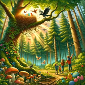 Enchanting Forest Scene: Beauty of Nature and Children's Curiosity