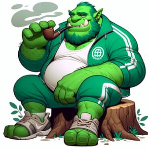 Friendly Green Ogre in Modern Tracksuit on Tree Stump