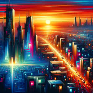 Futuristic Cityscape Oil Painting at Sunset