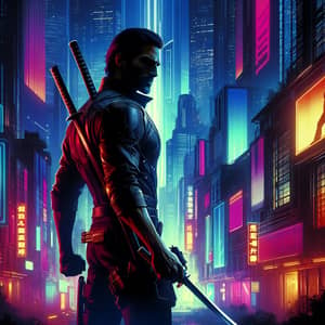 Hispanic Mercenary in Neon-Lit Cyberpunk City | Katana & Revolver