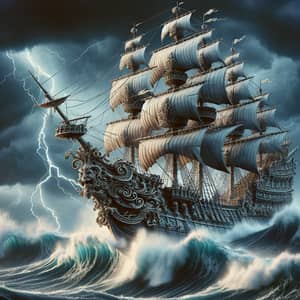 Elaborate Galleon Riding Wave Crest | Stormy Sea Scene