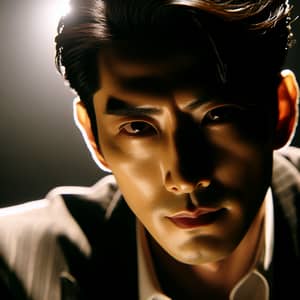 Charismatic East Asian Male Actor: Dramatic Close-up Scene