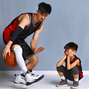 Dynamic Asian Male Basketball Player Kick Ball Photo